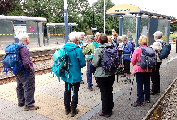 walkers waiting for tram